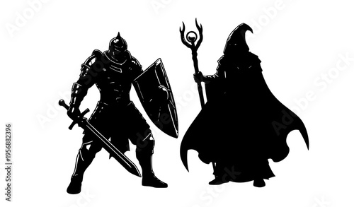 Fantasy warrior and mage silhouette vector set with weapons, armor, and dynamic RPG poses