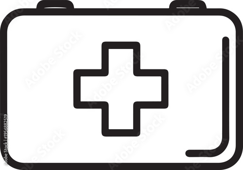 First aid kit black and white vector icon with medical cross representing emergency healthcare support safety equipment and rescue readiness for clinics and hospitals