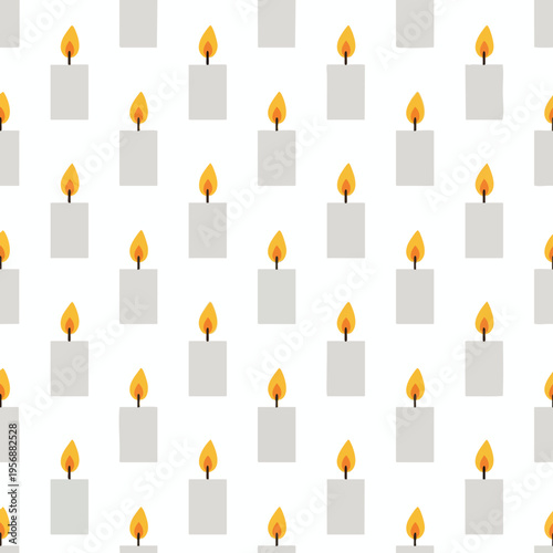 A repeating pattern of simple white candles with orange and yellow flames