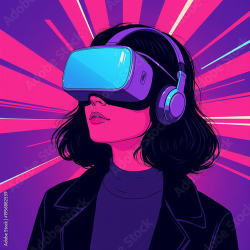 Woman wearing virtual reality goggles and headphones
