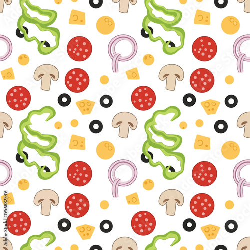 A vibrant, seamless pattern of assorted pizza toppings on a white background