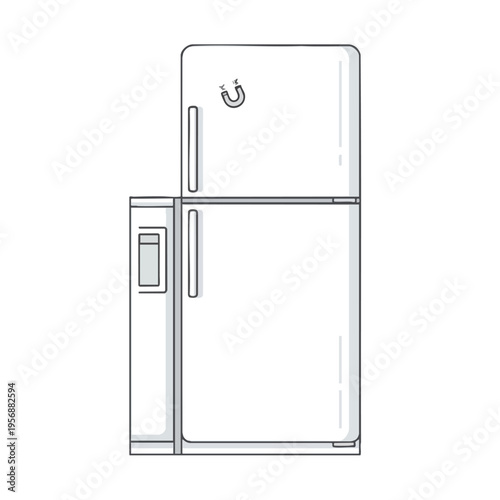 A minimalist line art drawing of a white refrigerator with a magnet on top