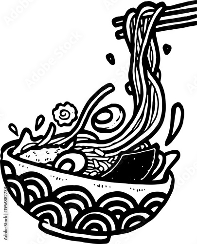 Japanese ramen illustration hand drawn. Doodles naive style. Clipart for logo ramen shop, poster, branding. soft-boiled eggs, shrimp tempura, narutomaki fish cakes, chashu pork, nori seaweed.
