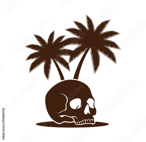 Skull with palm trees on a white background symbolizing tropical danger
