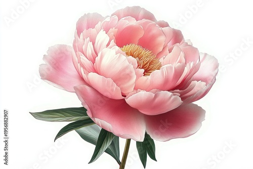 delicate large pink peony bloom with ruffled layered petals and golden yellow center, green leaves on a clean white background, soft romantic mood