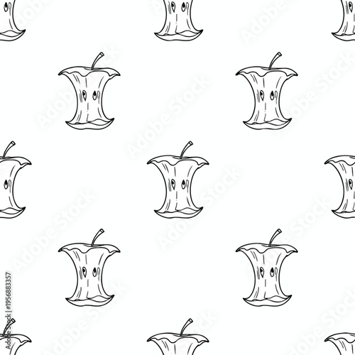 A repeating pattern of hand-drawn apple cores on a white background