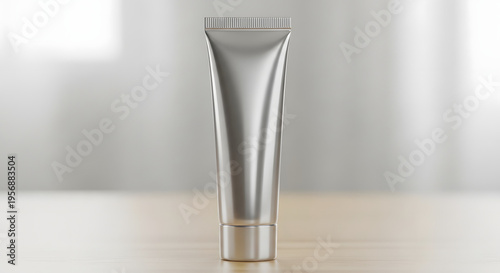 Blank silver metallic cosmetic tube mockup standing on a wooden surface for skincare product packaging and branding presentation