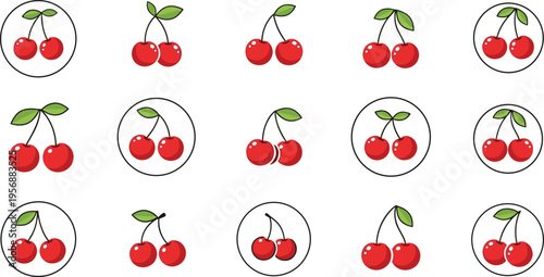 Cherry Icon Set with Fresh Red Fruits, Simple Outline and Filled Styles for Food Illustration, Healthy Nutrition Design, and Minimal Fruit Collection