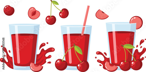 Cherry Juice Glass Collection with Fresh Fruits and Splash Elements Vector Illustration for Summer Beverage Design, Refreshment Concepts, and Healthy Drink Themes