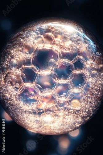 iridescent spherical soap bubble made of interconnected small bubbles, glowing with warm gold and cool blue reflections, delicate and dreamy, evoking wonder