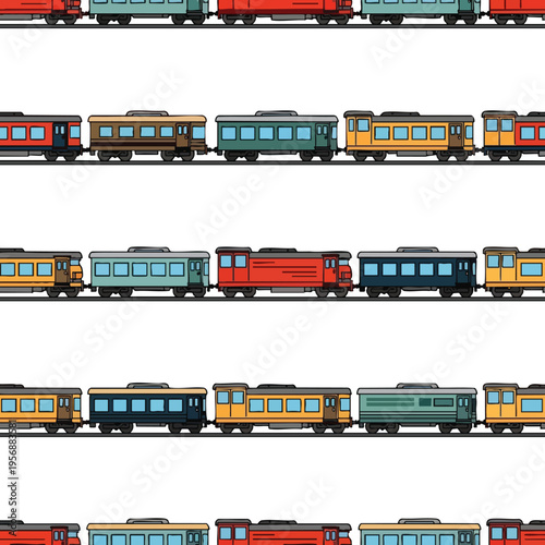 Rows of colorful, stylized train cars travel across a white background