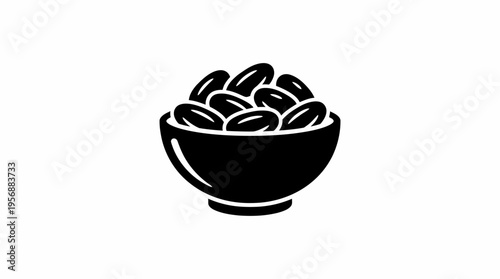 Black and white icon of a bowl filled with dates, representing healthy snacks or traditional food.