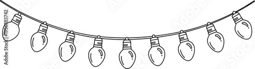 Black and white line drawing of decorative string lights with nine bulbs, stylized festive design symbolizing celebration, party decoration, and ambient lighting.