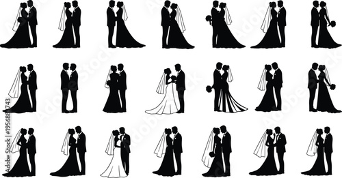 Black and white silhouette collection of wedding couples in romantic poses, bride and groom in gown and suit, symbolic representation of marriage, love, and ceremony.