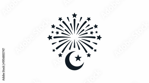 Stylized black silhouette of fireworks exploding above a crescent moon and star, symbolizing celebration and Islamic holidays.