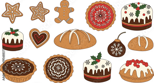 Christmas Bakery Desserts Set with Gingerbread Cookies Festive Cakes Pies and Holiday Pastries for Seasonal Food Design Celebration and Winter Treat Illustration