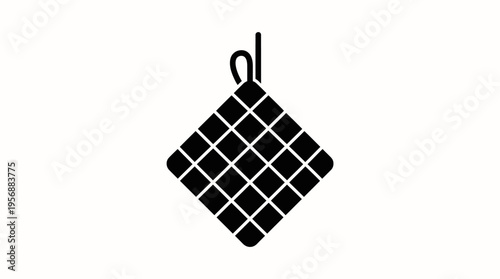 Black silhouette icon of a quilted pot holder with a hanging loop on a white background, kitchen utensil.