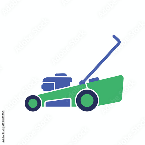 A blue and green lawnmower with wheels and a handle is shown