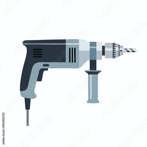 A power drill with a bit, a front handle, and a cord on a white background