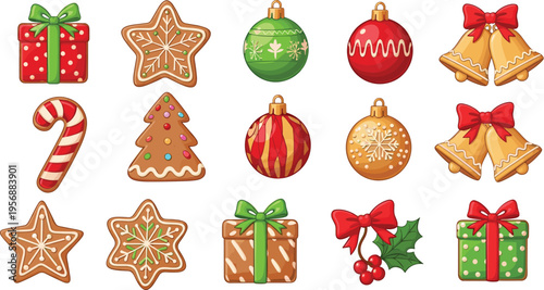 Christmas Icon Set with Gift Boxes Gingerbread Cookies Ornaments Candy Cane Bells and Festive Decorations for Holiday Design Seasonal Celebration Illustration