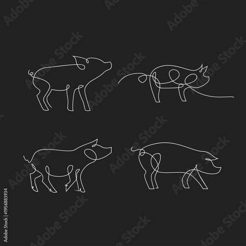Continuous Line Art Illustration Set of Four Stylized Pigs on a Black Background