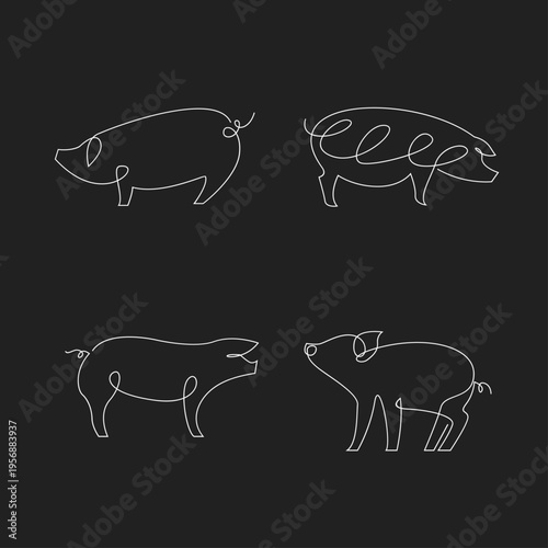 Minimalist Line Art Pigs Vector Set on Dark Background
