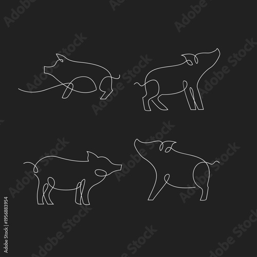 Minimalist One Line Art Pig Collection on Black Background