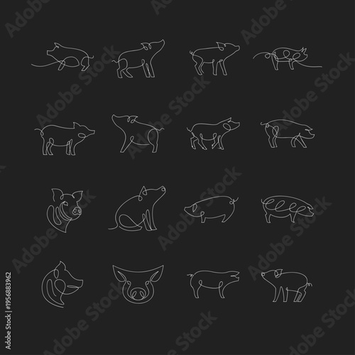 Minimalist One Line Pig Art Collection on Black Background - Vector Set of Continuous Line Drawings of Swine