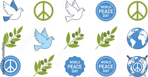 Flat vector illustration set of World Peace Day icons featuring white doves olive branches peace signs earth globes and blue badges for harmony design.