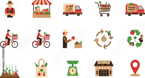 Farmers Market Icon Set Featuring Organic Vegetable Stall Delivery Truck Grocery Shopping Cart Community Garden Bicycle Courier Sustainable Agriculture And Local Food Distribution Symbols