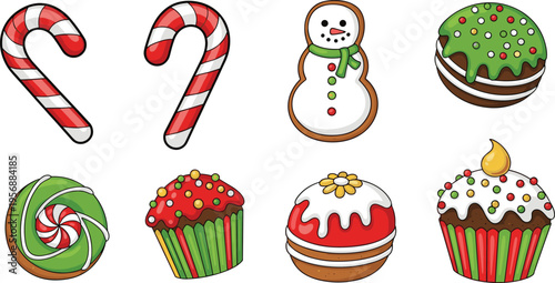 Christmas Sweets and Candy Collection with Candy Canes Gingerbread Cookie Cupcakes and Festive Desserts for Holiday Celebration Design and Seasonal Treat Illustration