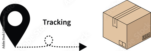 Order Tracking Illustration Featuring Cardboard Parcel Box Map Location Pin Dotted Path Arrow and Shipping Logistics Symbols for Ecommerce Delivery and Global Freight Services