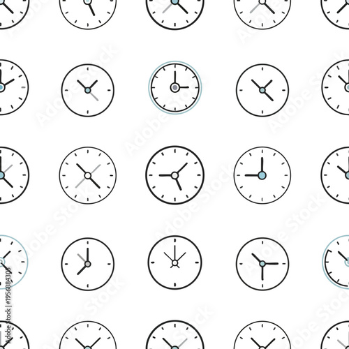 Pattern of clock faces with various hand positions and accents