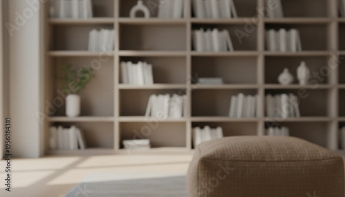 Blurred Minimalist Bookshelf Background in Modern Living Room for Learning or Relaxation Concepts