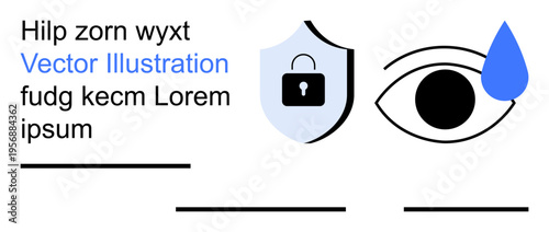 Data security, online privacy, surveillance awareness, informational safety, cybersecurity systems, sensitive data protection. Shield with lock icon and an eye with a water drop. Cybersecurity