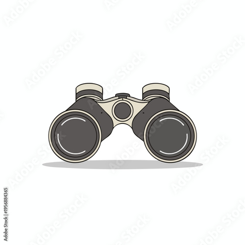A simple graphic illustration of black and tan binoculars with a gray shadow