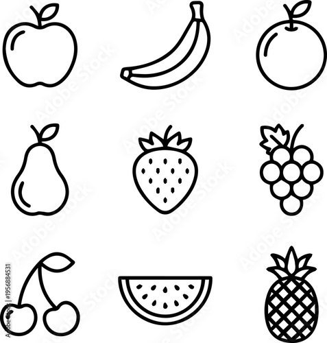 Common fruit collection set with a simple black outline style
