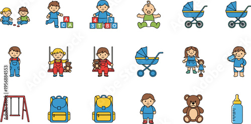 Collection of Childhood and Baby Care Icons Featuring Toddlers Playing, Alphabet Blocks, Strollers, Teddy Bear, Preschool Backpacks, Playground Swings, and Nursery Equipment for Parenting
