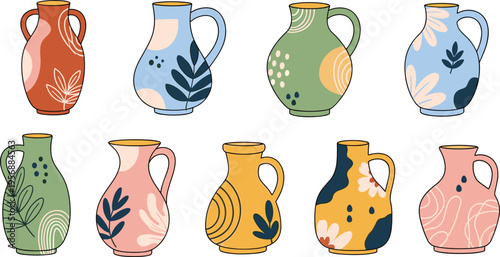 Colorful Abstract Ceramic Vase Collection with Artistic Patterns and Modern Shapes, Decorative Pottery Set for Home Decor, Interior Design, and Stylish Vector Illustration