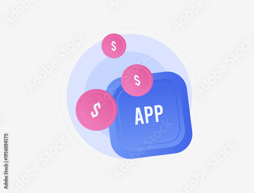Mobile app monetization model, in app purchase revenue flow with digital wallet payments and subscription income. Saas product growth analytics and mobile app financial performance optimization icon