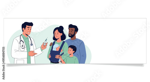 A doctor discusses a medical chart with a family of three, including a mother, father, and child, on a clean white background with a soft green accent