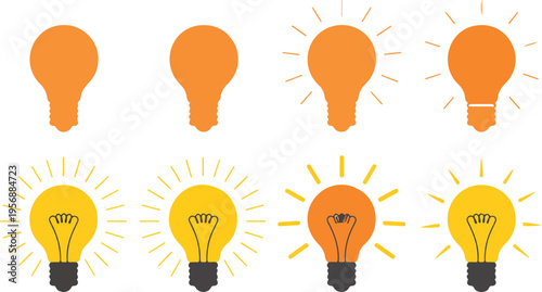 Colorful light bulb vector icon set with glowing rays, creative idea lamp symbols for innovation, brainstorming and inspiration concept design