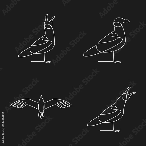 Minimalist Continuous Line Art Seagulls Set in Various Poses on Black Background