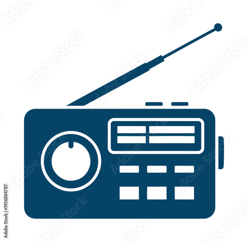 Blue radio receiver with antenna and control panel isolated on white background