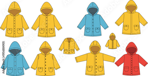 Colorful Kids Raincoat Vector Set with Hooded Waterproof Jackets for Children Outerwear Collection in Different Styles and Bright Colors