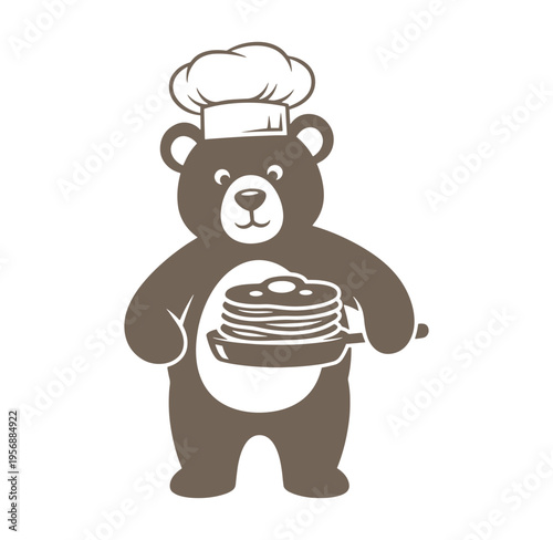 Brown bear wearing chef hat holding pancakes in frying pan isolated on transparent background