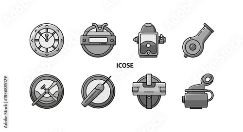 Set of industrial or mechanical icons with gears, clocks, and whistles