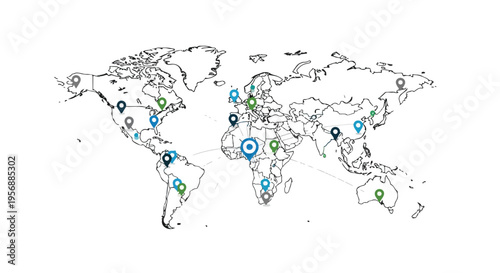 Illustration of a world map with colorful mathematical symbols marking various locations on a white background for International Day of Mathematics