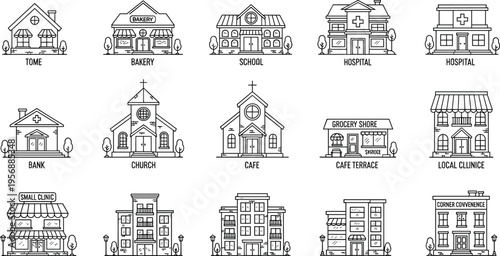 Community Building Icon Set with Home, Grocery Store, School, Hospital, Church, Cafe, Library, and Local Neighborhood Outline Illustrations