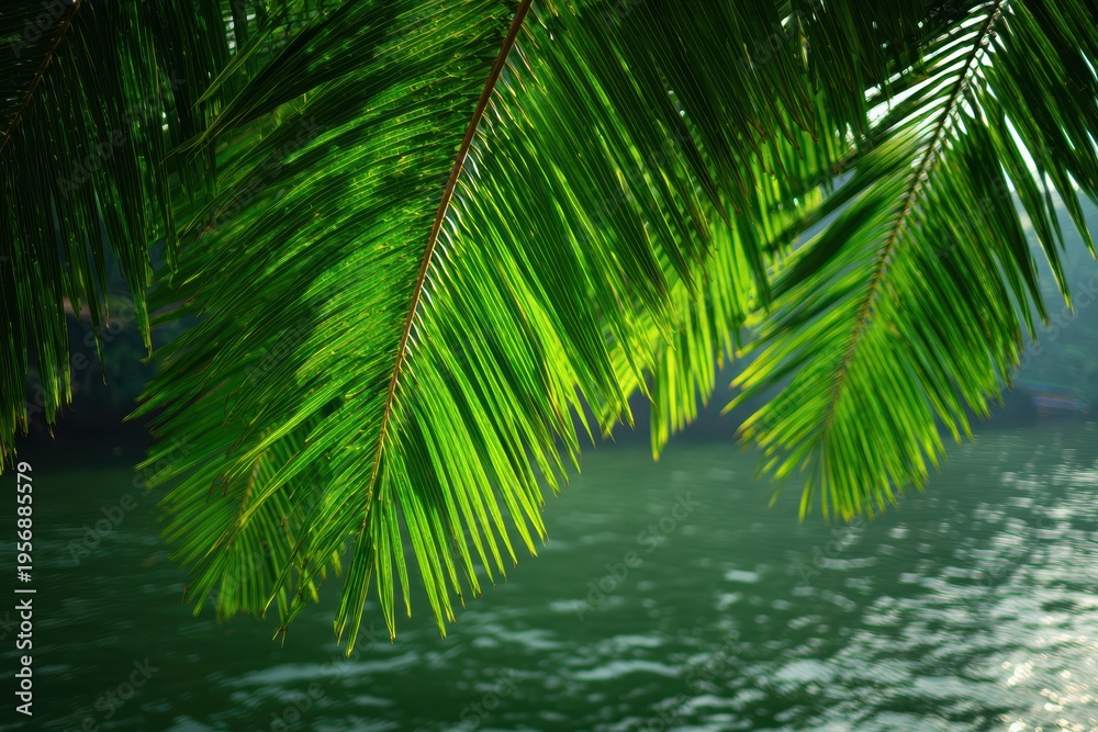 Naklejka premium 熱帯の環境の水上の緑のヤシの葉